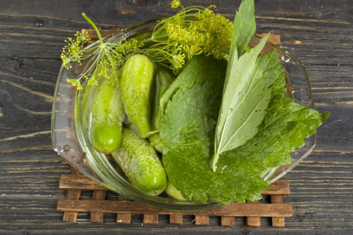 Crispy cucumbers with currant leaves