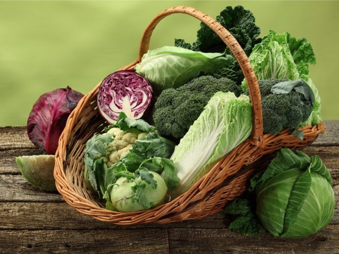 Harvest of different types of cabbage in the basket